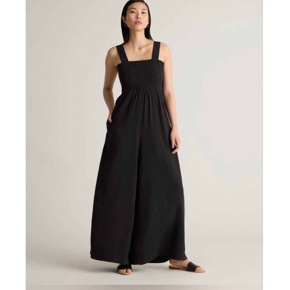Quince Smocked Wide Leg Jumpsuit Black Size Small Gauze